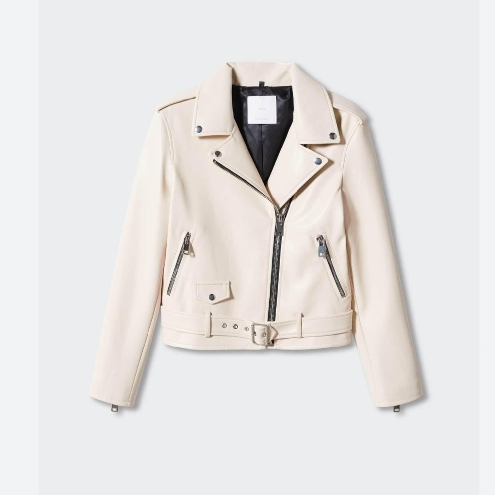 Mango Off-White Leather Biker Jacket